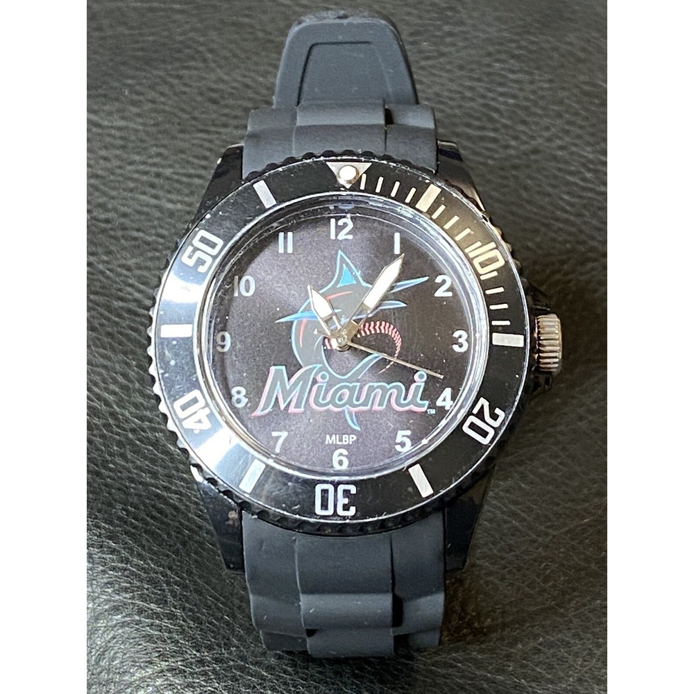 RARE LARGE MIAMI MARLINS MEN'S BASEBALL MLB WATCH CHRONO NUMBERS POLY BAND 47MM